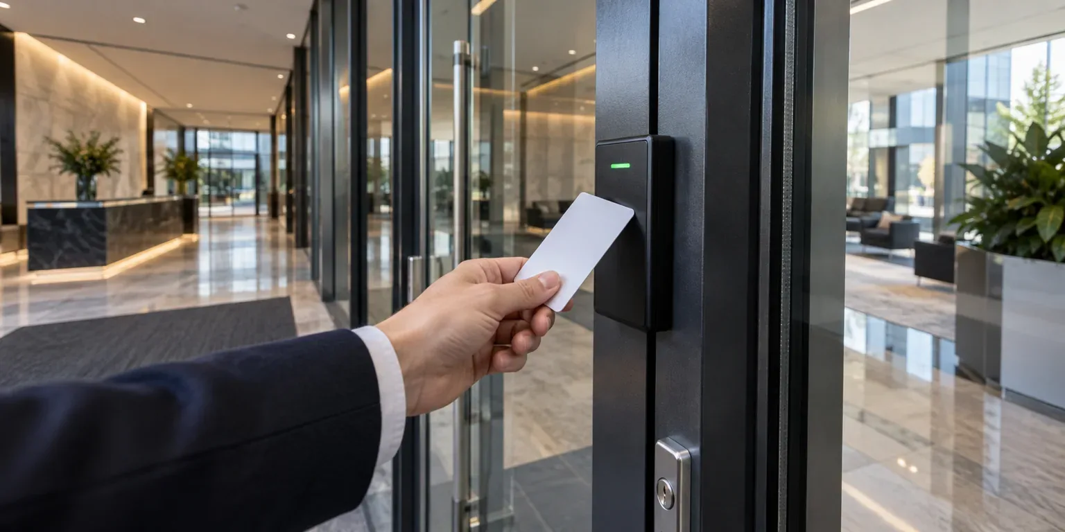 Employee presenting an access card to an office entrance reader