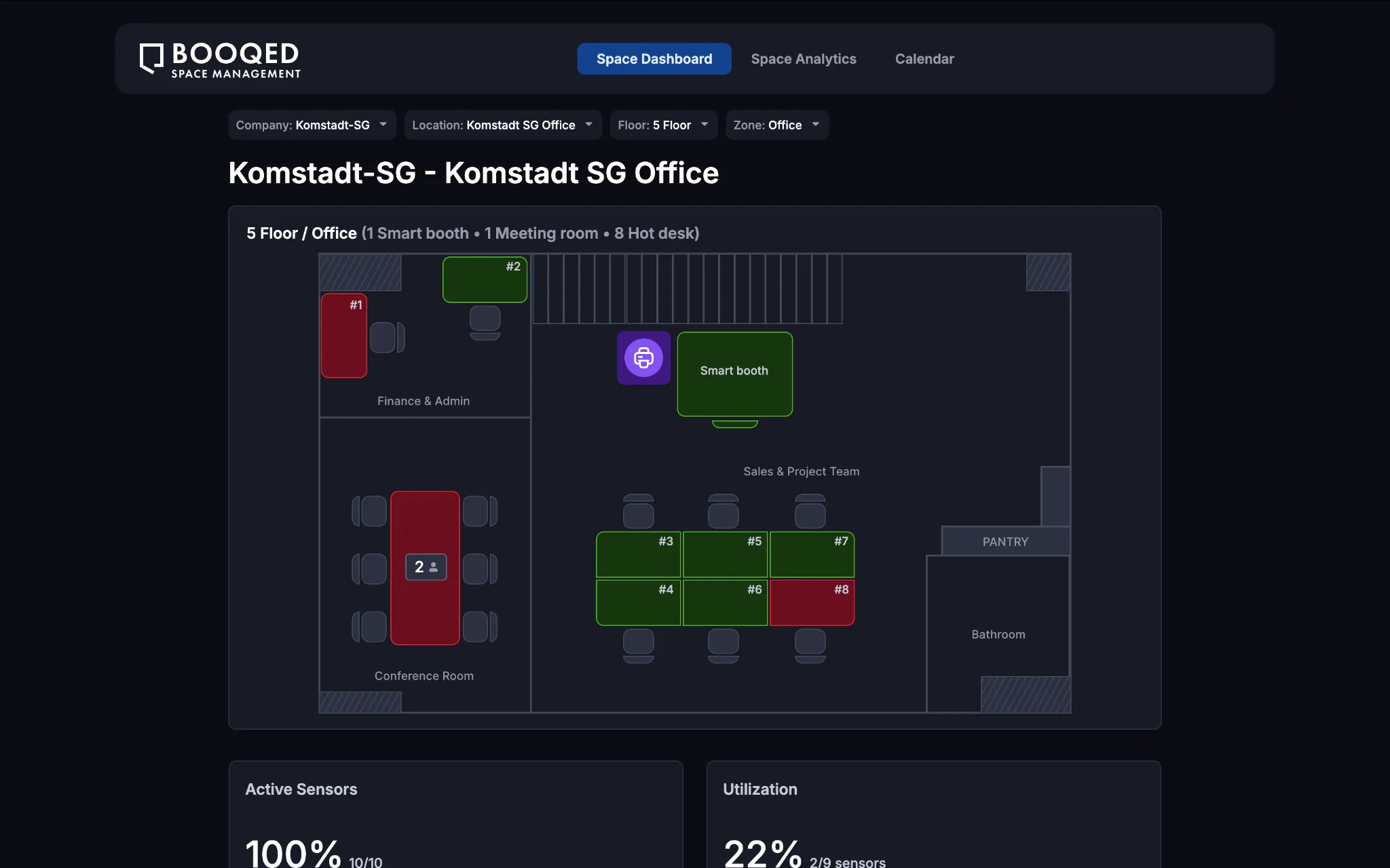 BOOQED floor dashboard showing desks, meeting room, smart booth and occupancy status