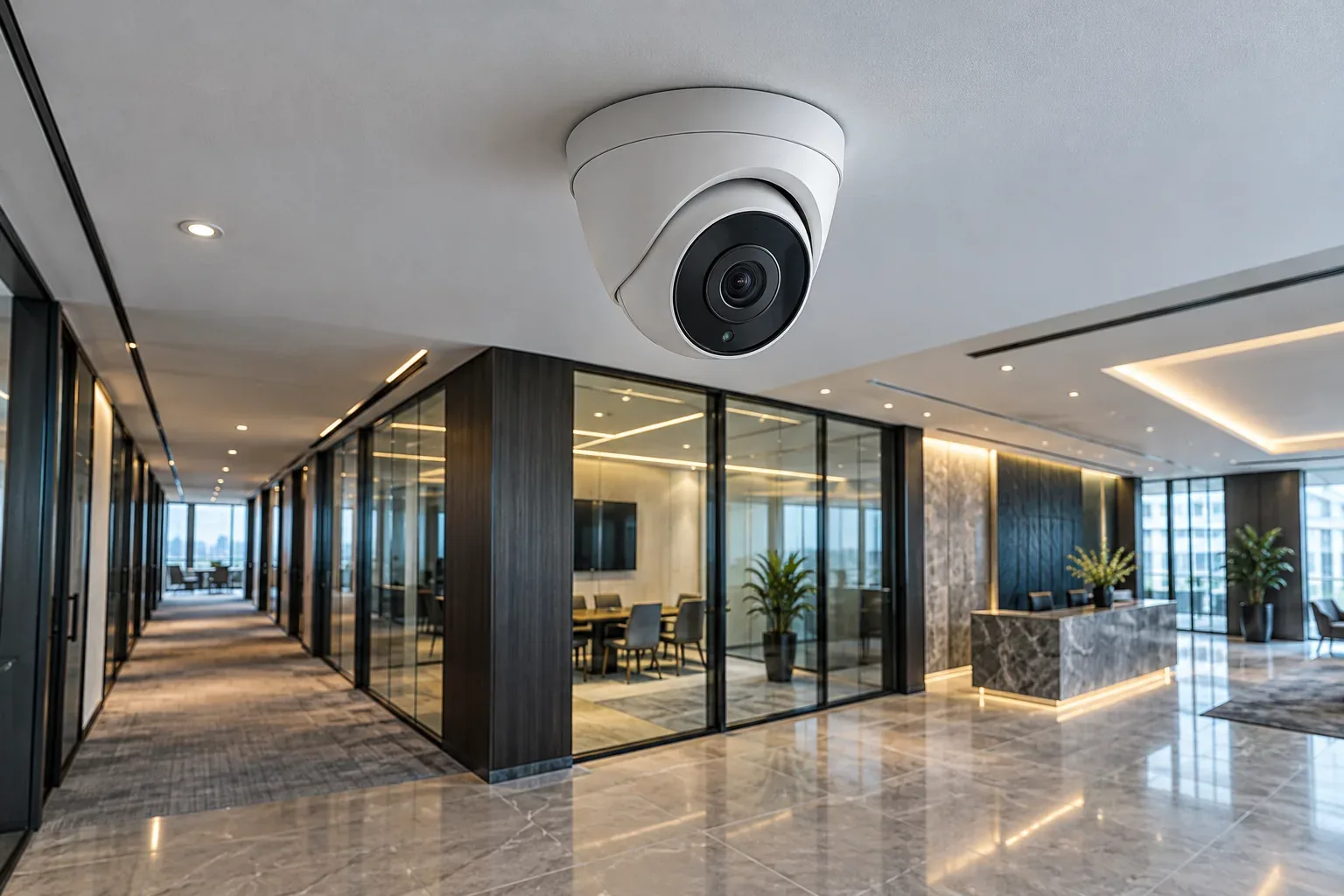 Ceiling-mounted IP security camera overlooking a corporate corridor