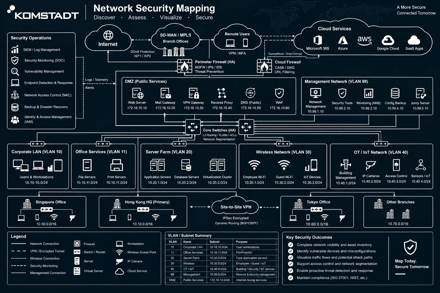 Network security mapping illustration showing infrastructure, cloud, firewall, VLAN and office connectivity