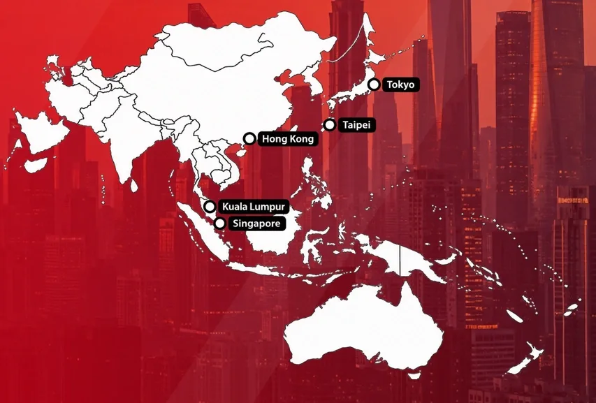 Regional map locating Komstadt’s key offices in Singapore, Hong Kong, Tokyo, Kuala Lumpur and Taipei