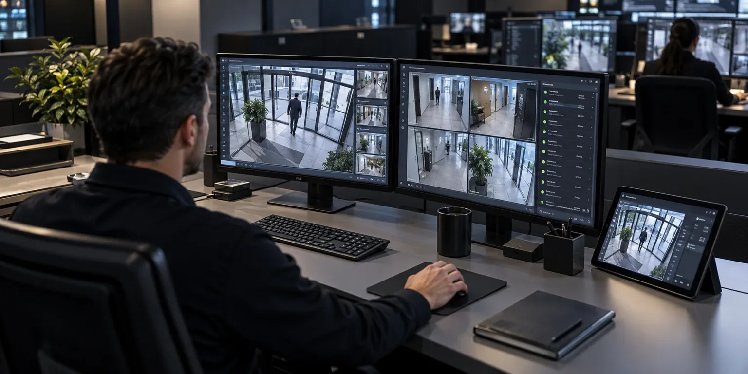 Security operator viewing office cameras at a remote monitoring workstation