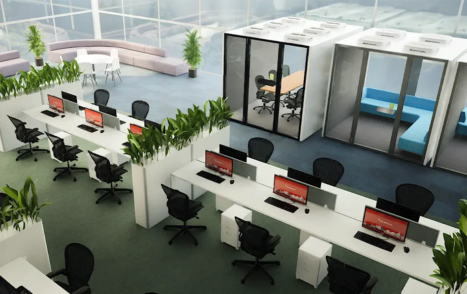 Workplace2GO office layout with desks and modular pods