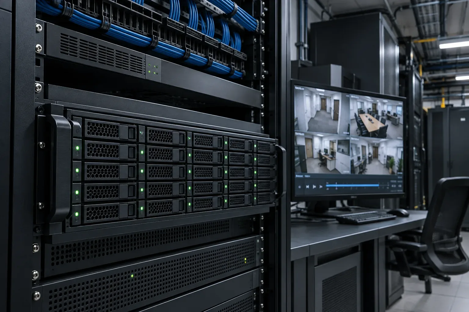 Rack-mounted video recording storage with CCTV playback monitor