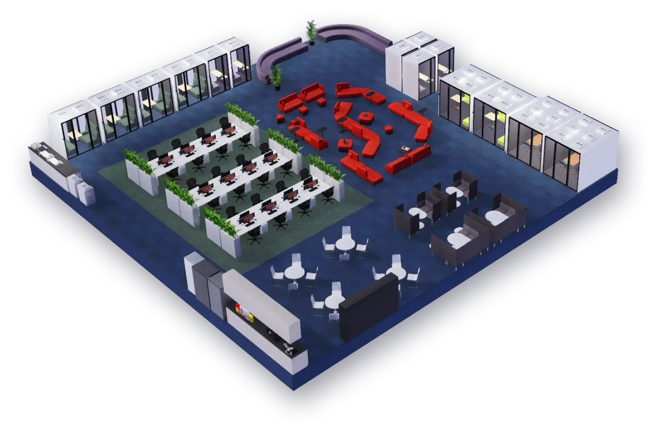 Transparent 5,000 square foot Workplace2GO modular layout with pods, hotdesks and collaboration areas
