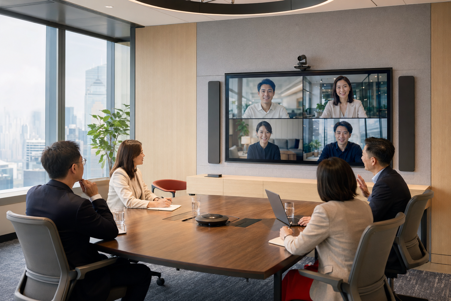 Business professionals using an integrated hybrid meeting room