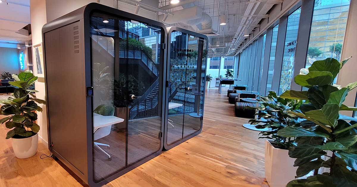 Collaboration booths, smart office pods, open plan design, hybrid working strategy